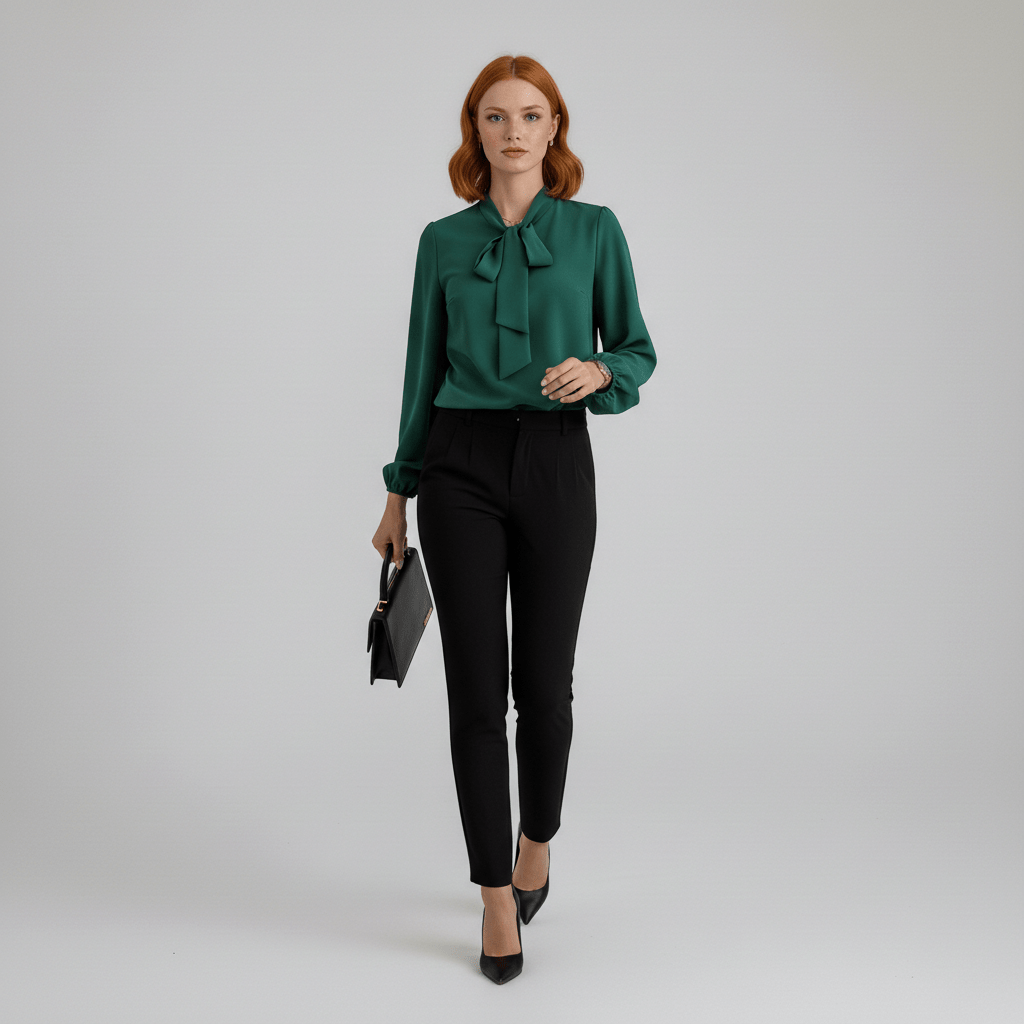 Christa Bow Tie Neck Long Sleeve Blouse with Tie Front