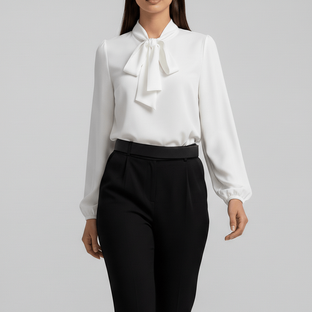 Christa Bow Tie Neck Long Sleeve Blouse with Tie Front - Pure White