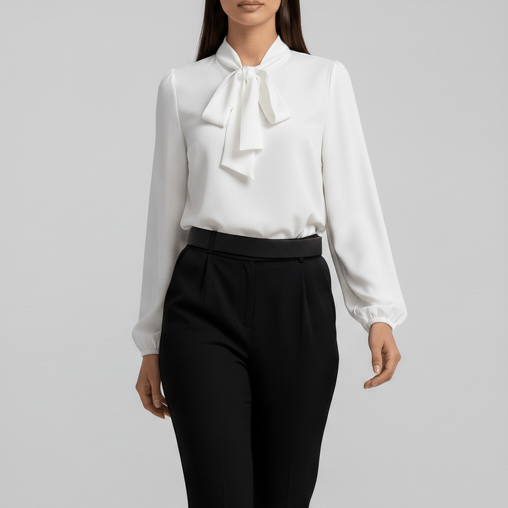 Christa Bow Tie Neck Long Sleeve Blouse with Tie Front - Pure White