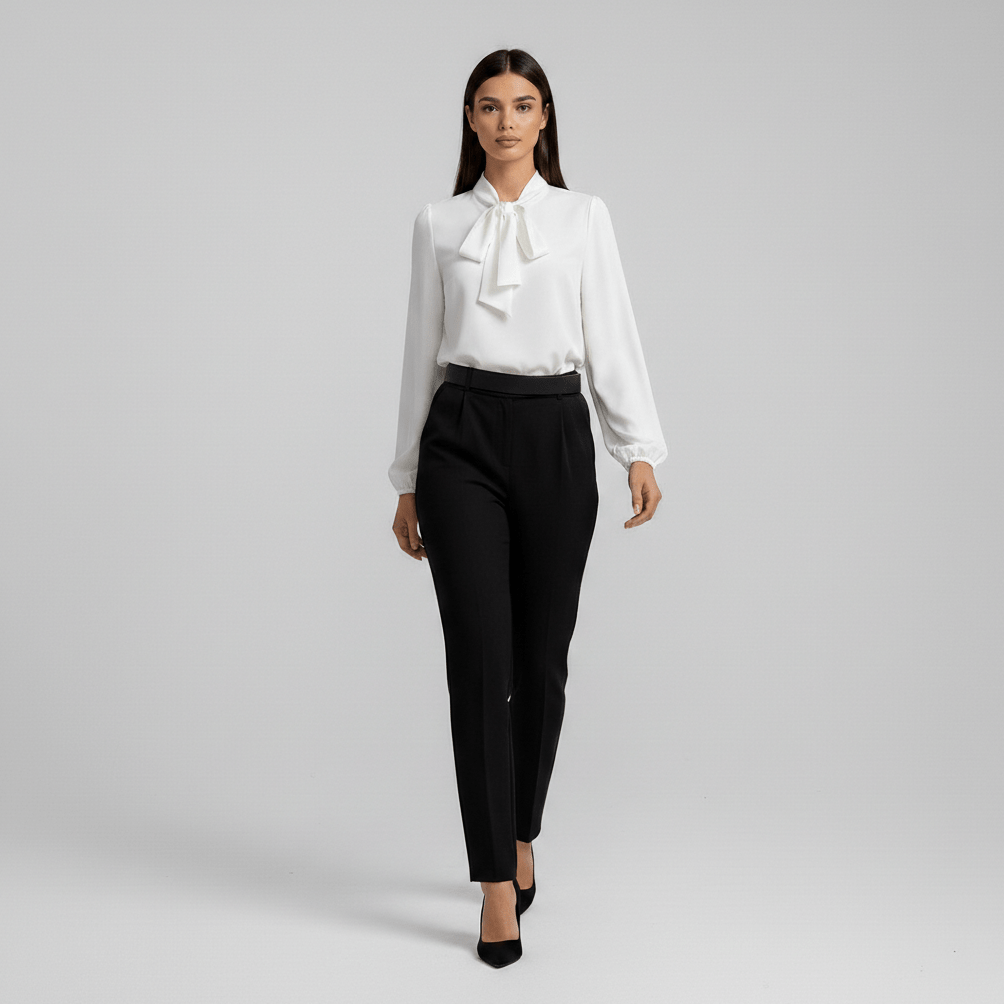 Christa Bow Tie Neck Long Sleeve Blouse with Tie Front