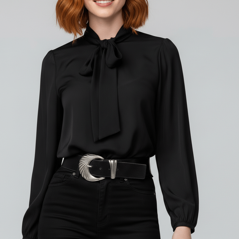 Christa Bow Tie Neck Long Sleeve Blouse with Tie Front - Jet Black