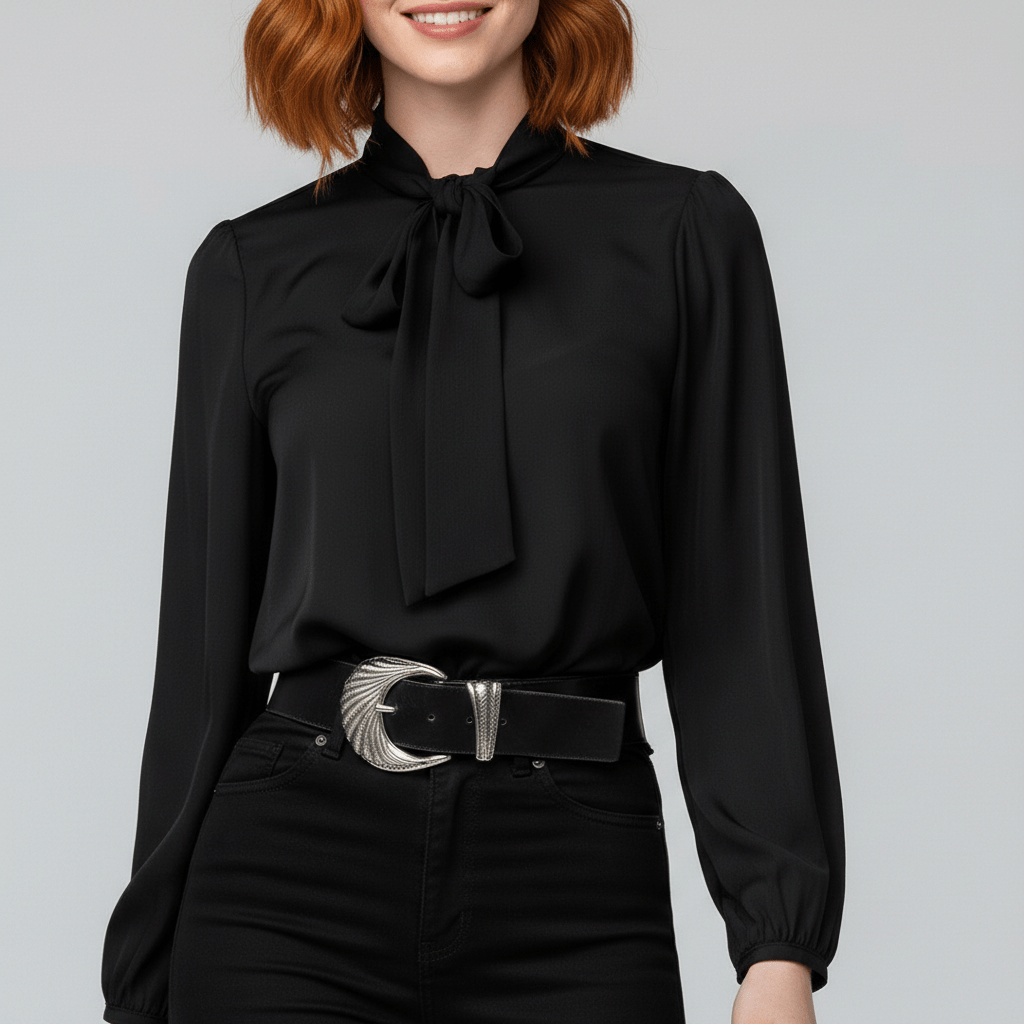 Christa Bow Tie Neck Long Sleeve Blouse with Tie Front - Jet Black