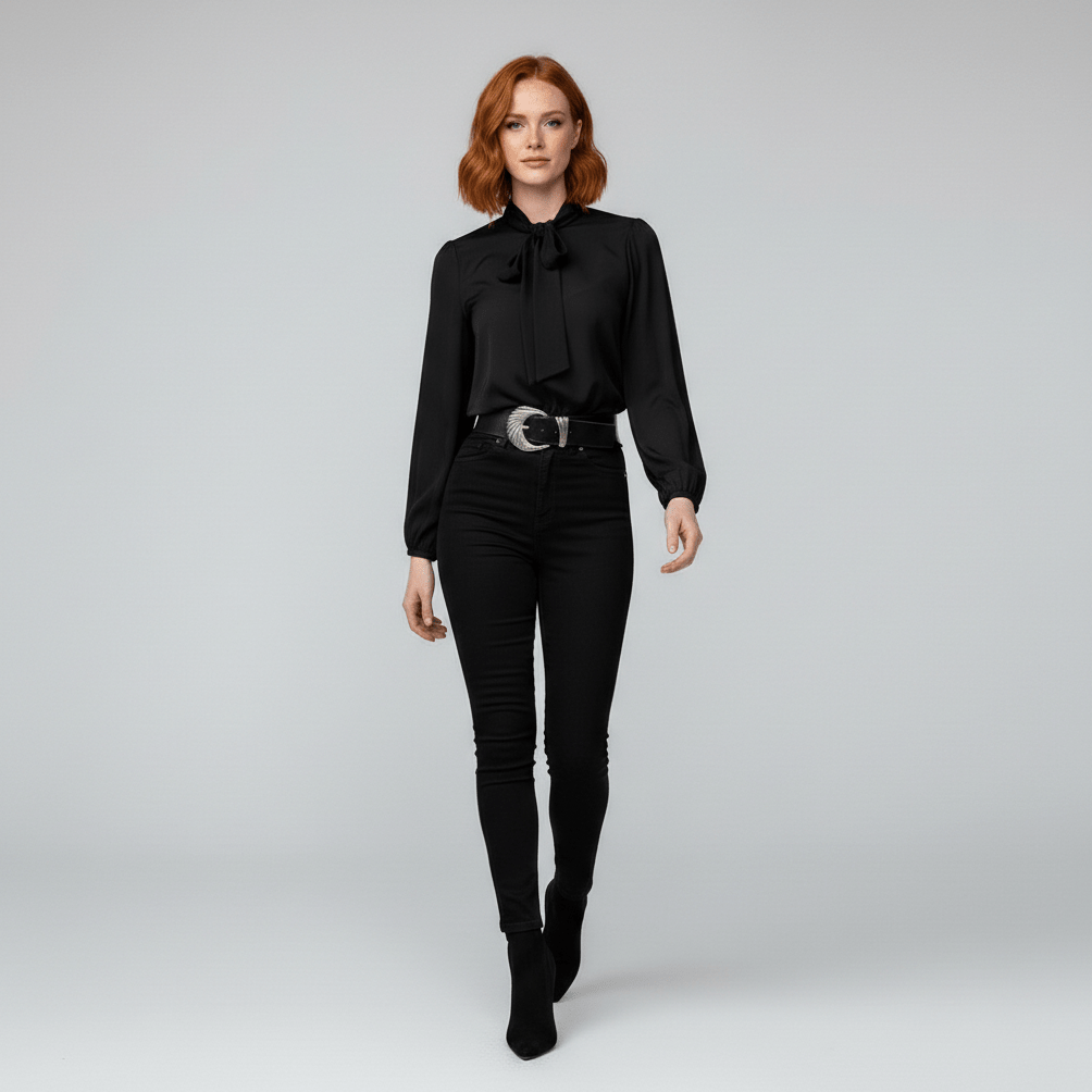 Christa Bow Tie Neck Long Sleeve Blouse with Tie Front