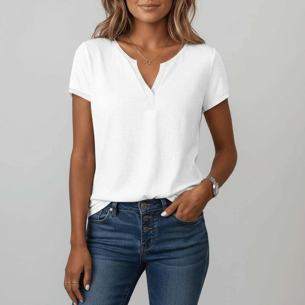 Claudia Short Sleeve V-Neck Blouse with Cuff Detail - Pure White