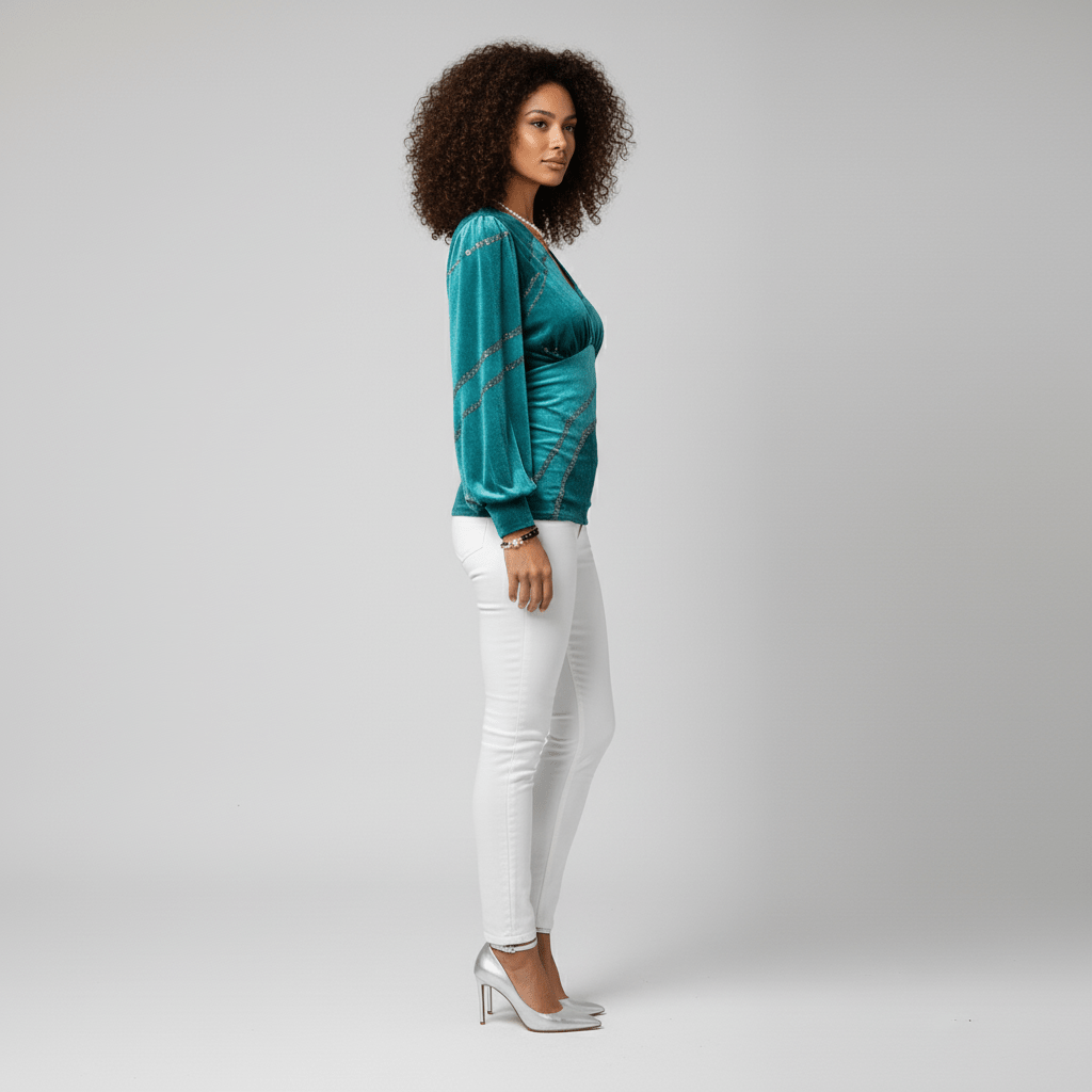 Constance Deep V-Neck Ruched Waist Blouse with Long Sleeves