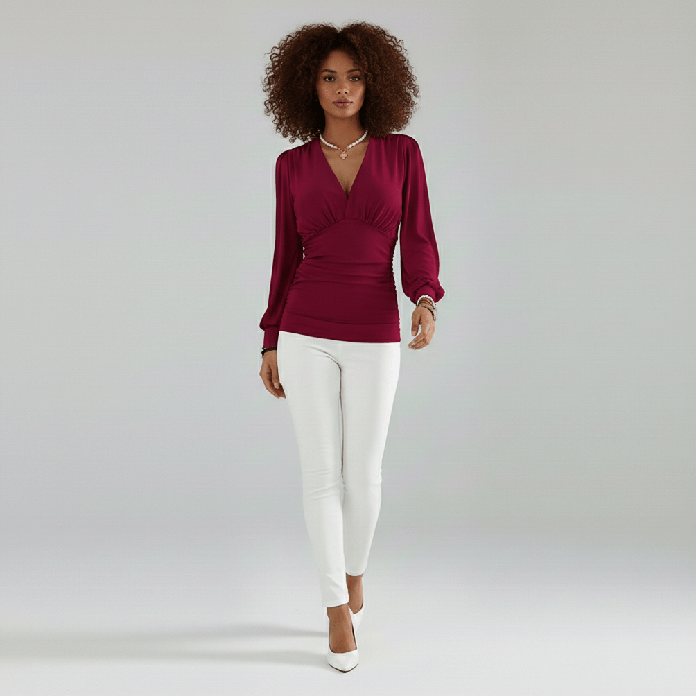Constance Deep V-Neck Ruched Waist Blouse with Long Sleeves