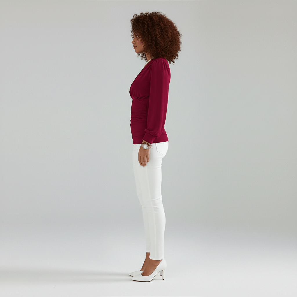 Constance Deep V-Neck Ruched Waist Blouse with Long Sleeves