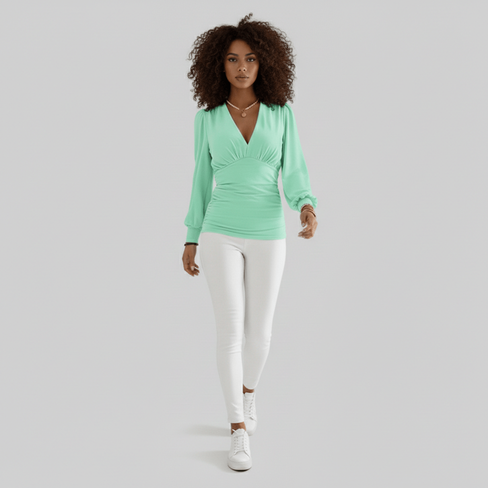 Constance Deep V-Neck Ruched Waist Blouse with Long Sleeves