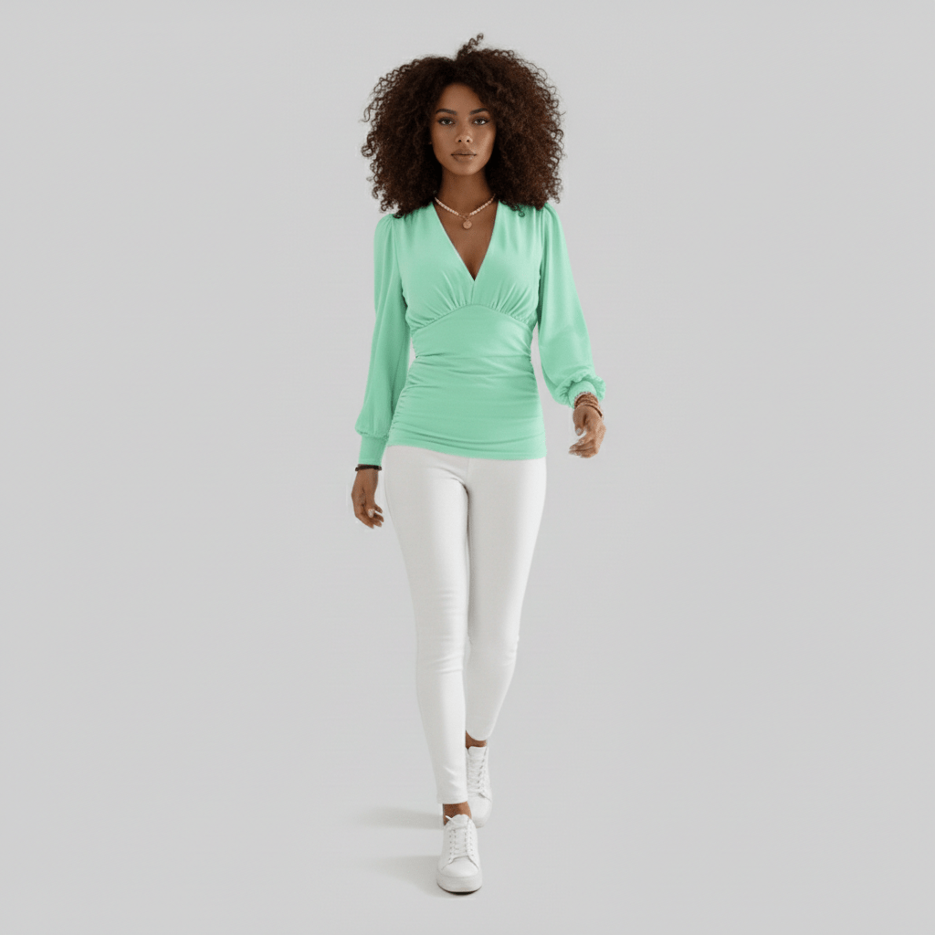 Constance Deep V-Neck Ruched Waist Blouse with Long Sleeves