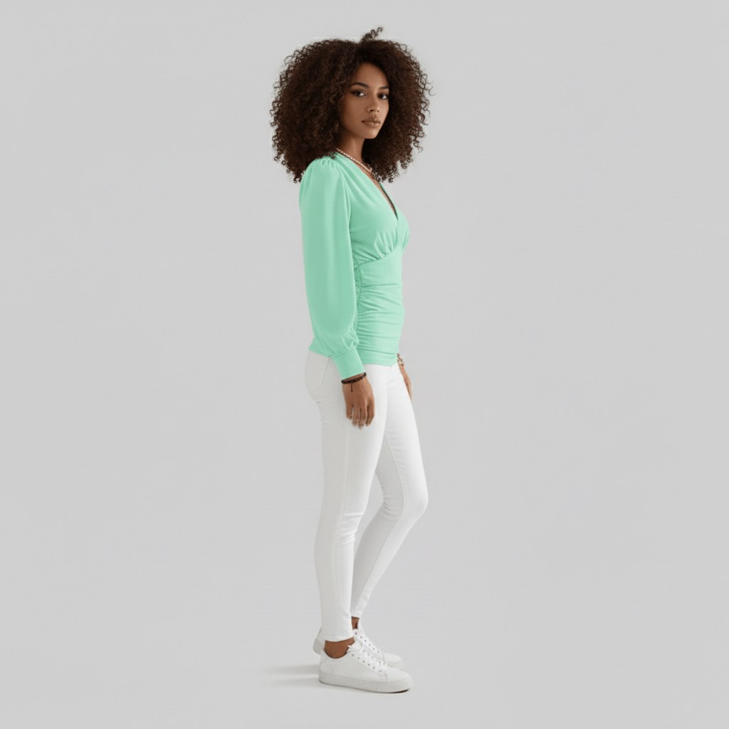 Constance Deep V-Neck Ruched Waist Blouse with Long Sleeves