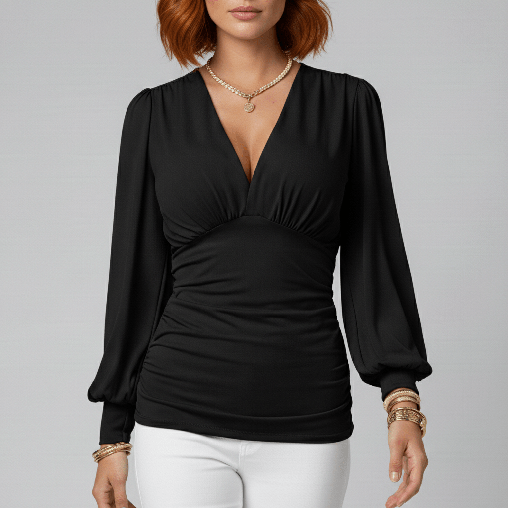 Constance Deep V-Neck Ruched Waist Blouse with Long Sleeves - Classic Black