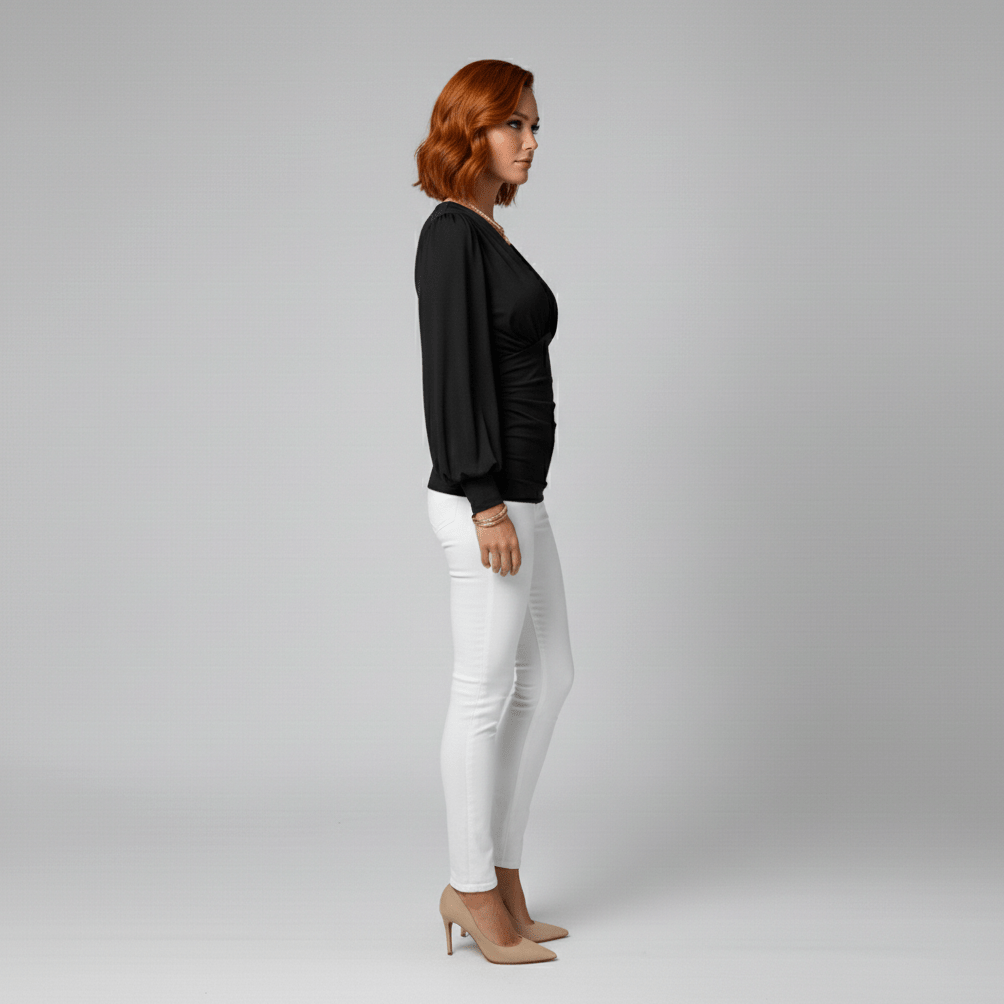 Constance Deep V-Neck Ruched Waist Blouse with Long Sleeves