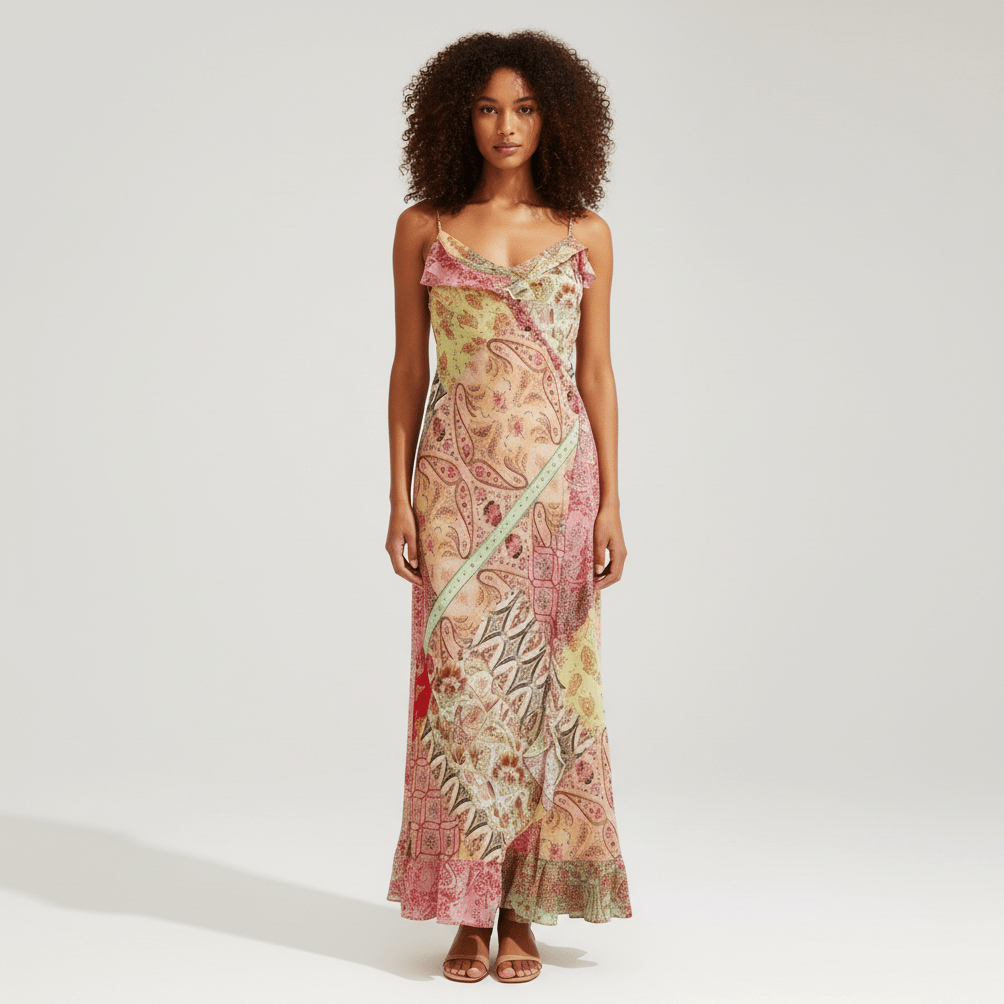 Crystal Spaghetti Strap Maxi Dress with Paisley Print - Multicolor