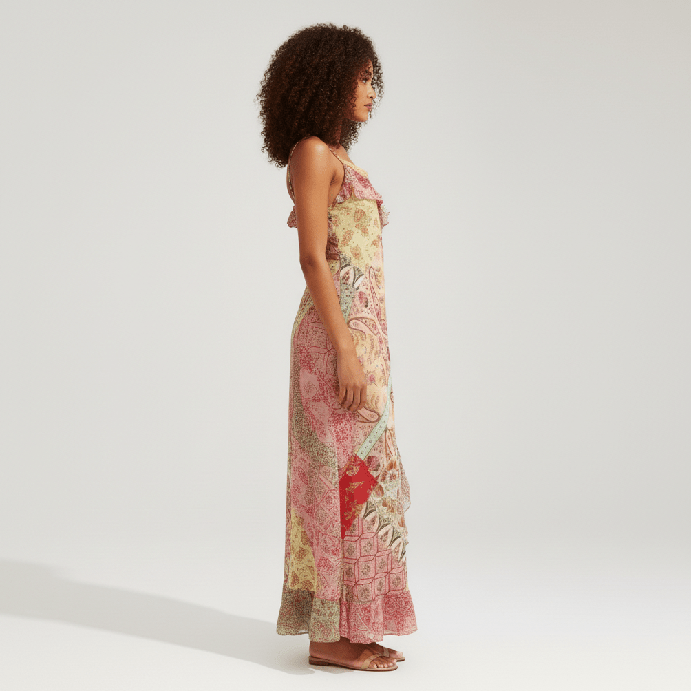 Crystal Spaghetti Strap Maxi Dress with Paisley Print