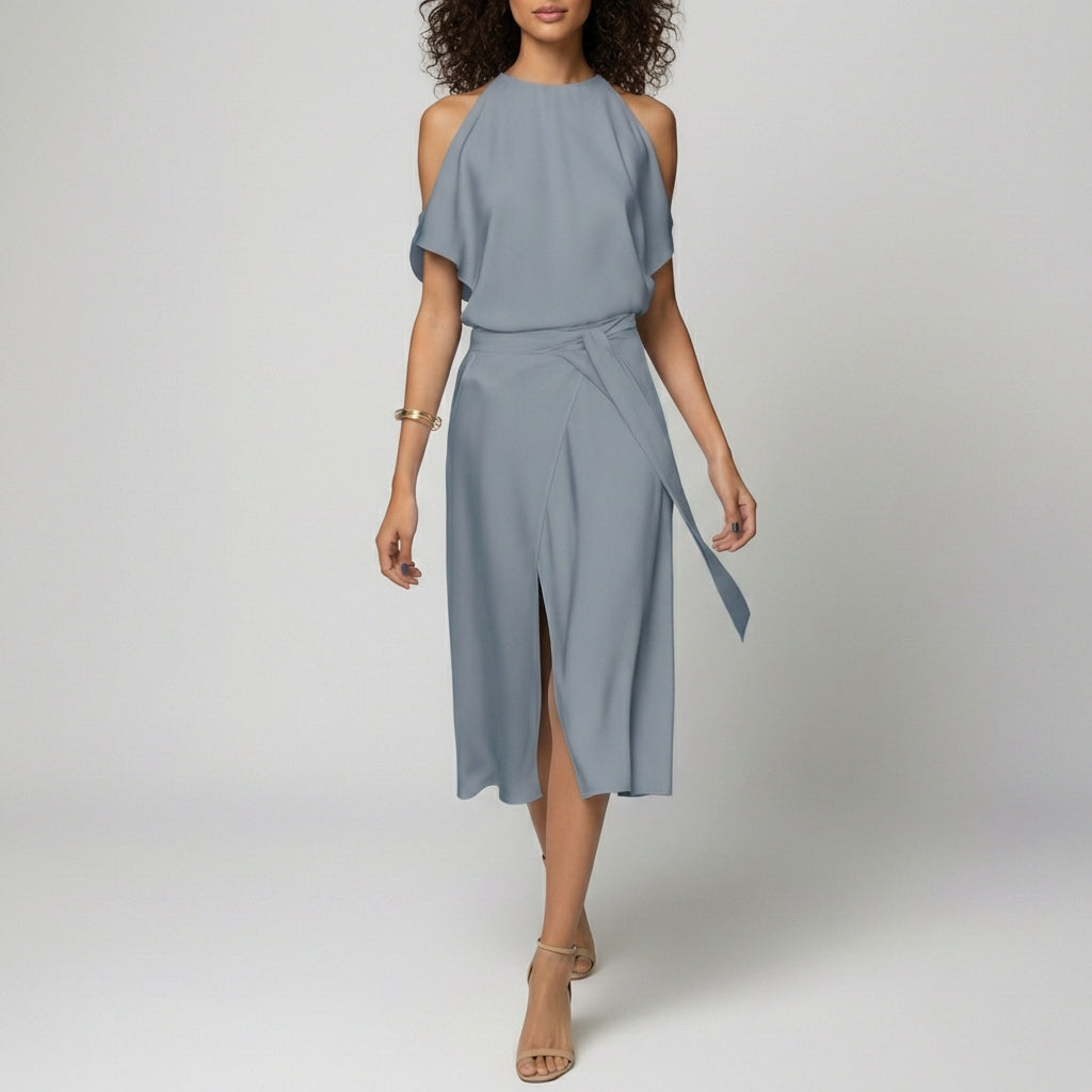 Daisy Midi Dress with Cold Shoulder Cut-Out and Wrap Skirt - Dusty Blue