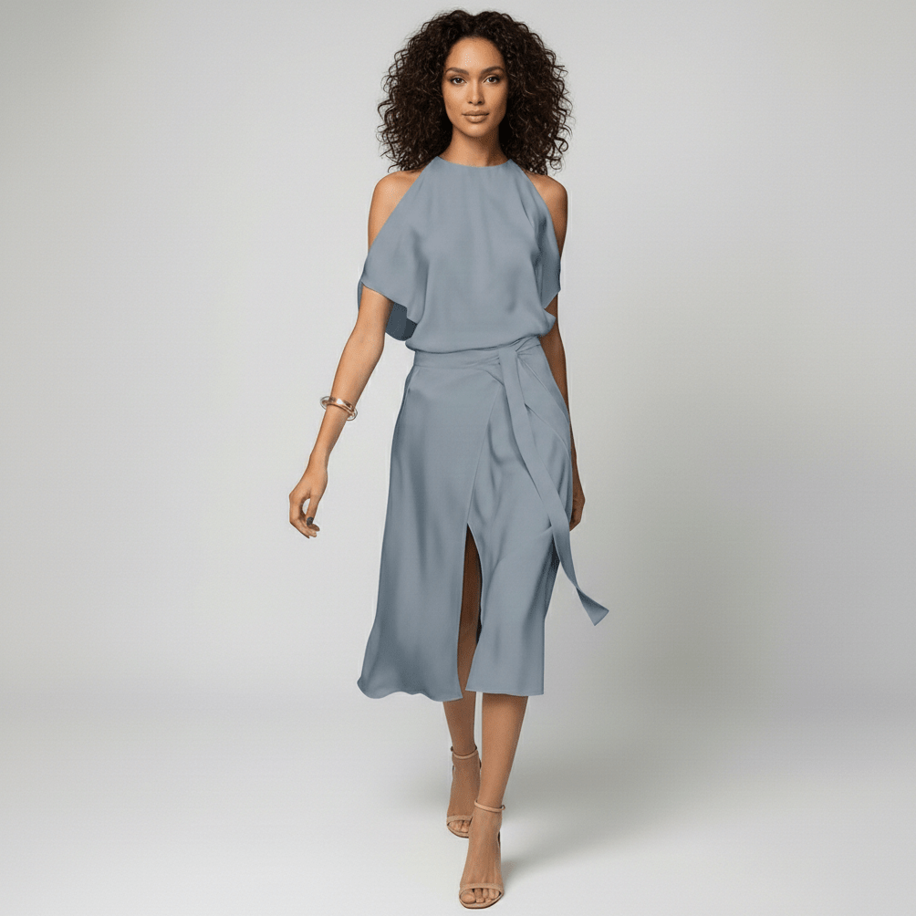 Daisy Midi Dress with Cold Shoulder Cut-Out and Wrap Skirt