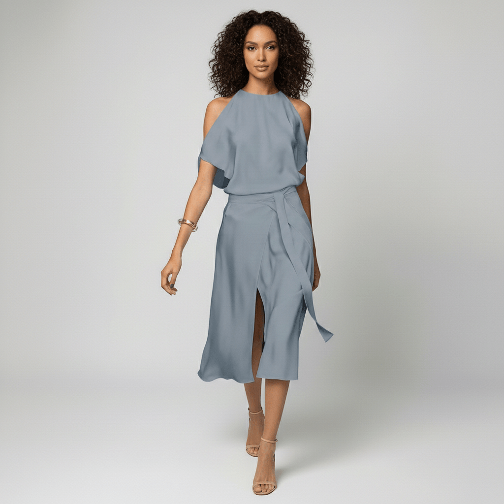 Daisy Midi Dress with Cold Shoulder Cut-Out and Wrap Skirt