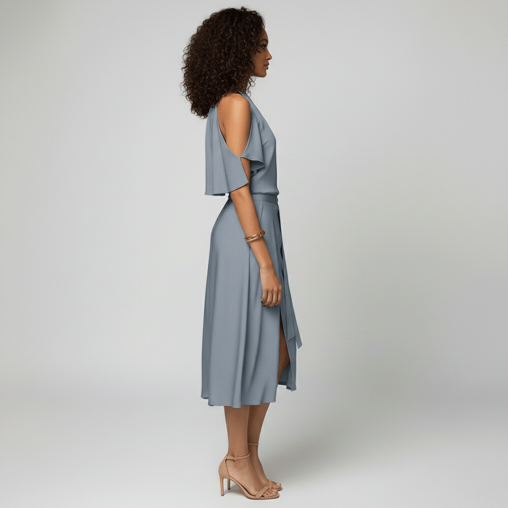 Daisy Midi Dress with Cold Shoulder Cut-Out and Wrap Skirt