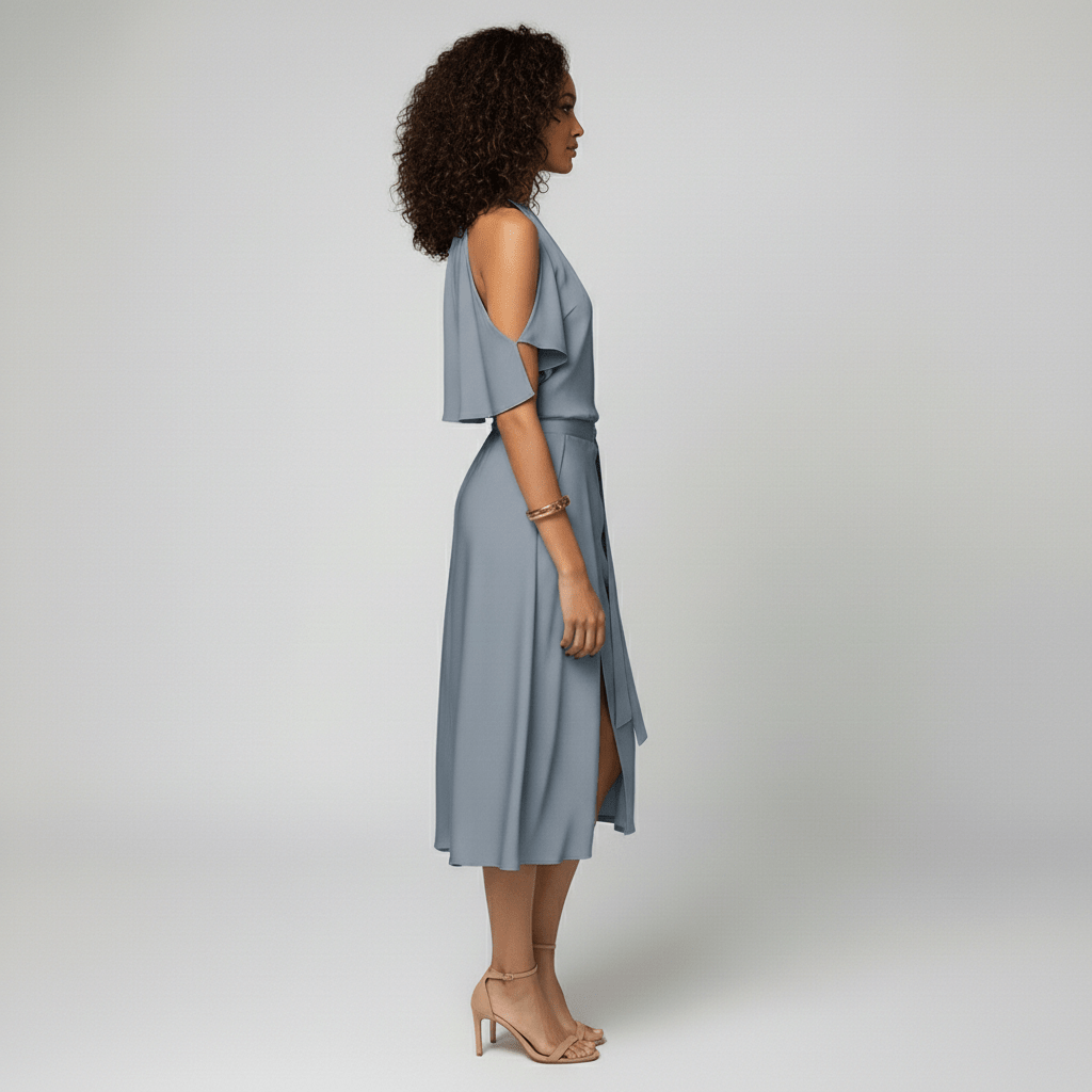 Daisy Midi Dress with Cold Shoulder Cut-Out and Wrap Skirt