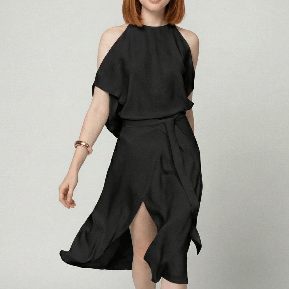 Daisy Midi Dress with Cold Shoulder Cut-Out and Wrap Skirt - Midnight Black
