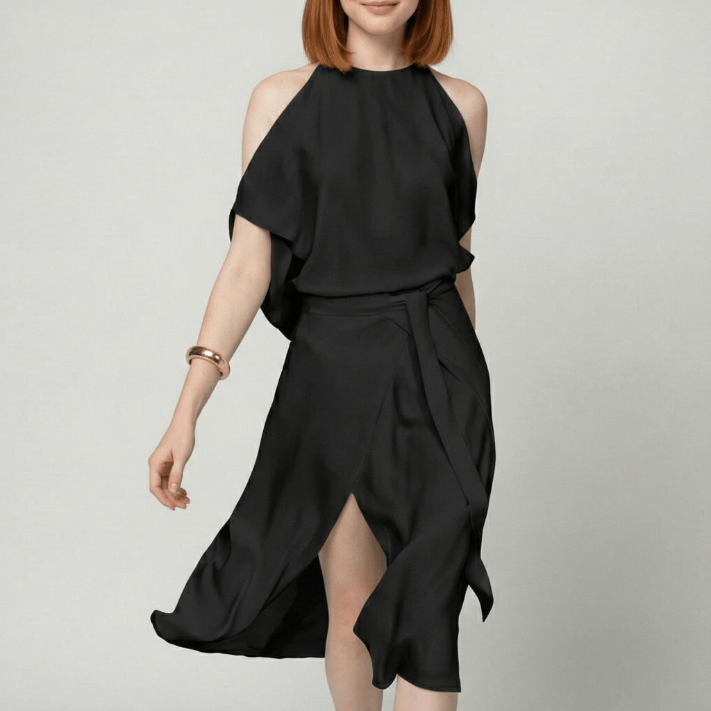 Daisy Midi Dress with Cold Shoulder Cut-Out and Wrap Skirt - Midnight Black