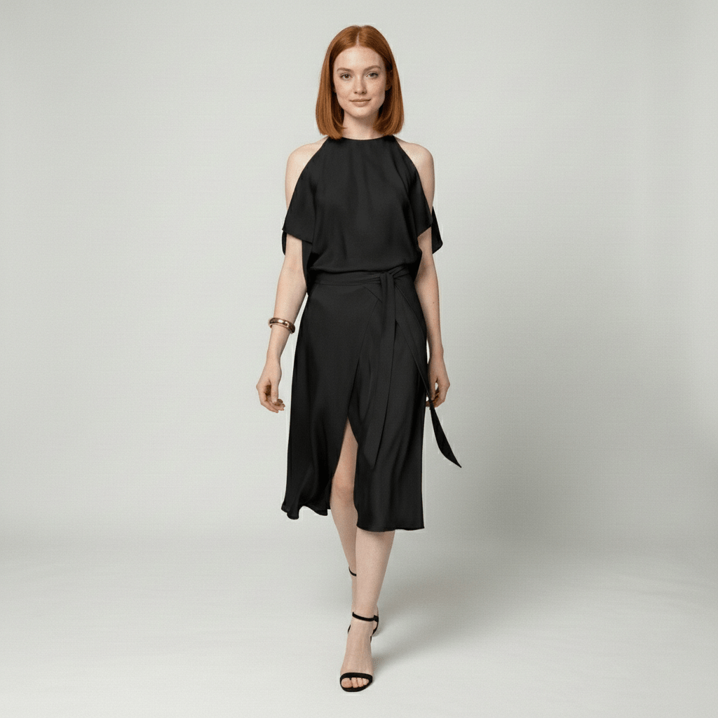 Daisy Midi Dress with Cold Shoulder Cut-Out and Wrap Skirt