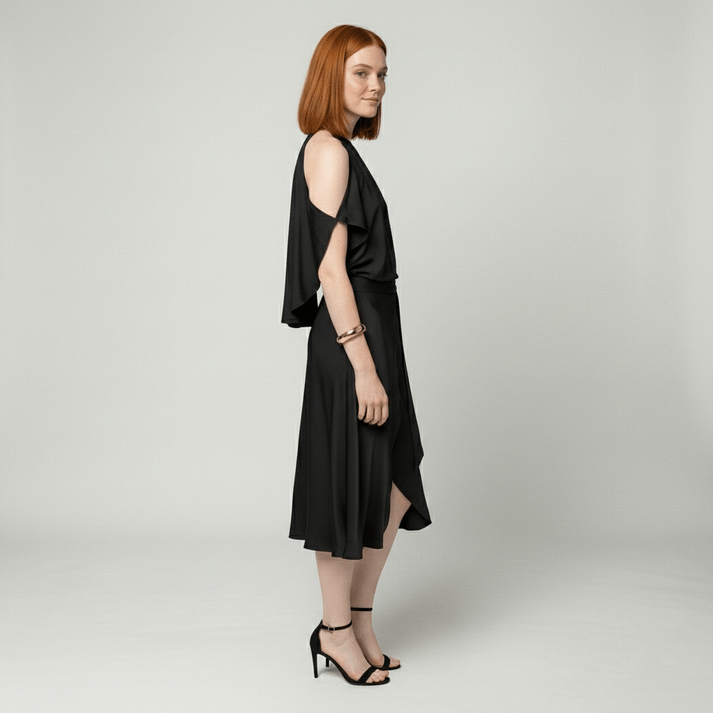 Daisy Midi Dress with Cold Shoulder Cut-Out and Wrap Skirt