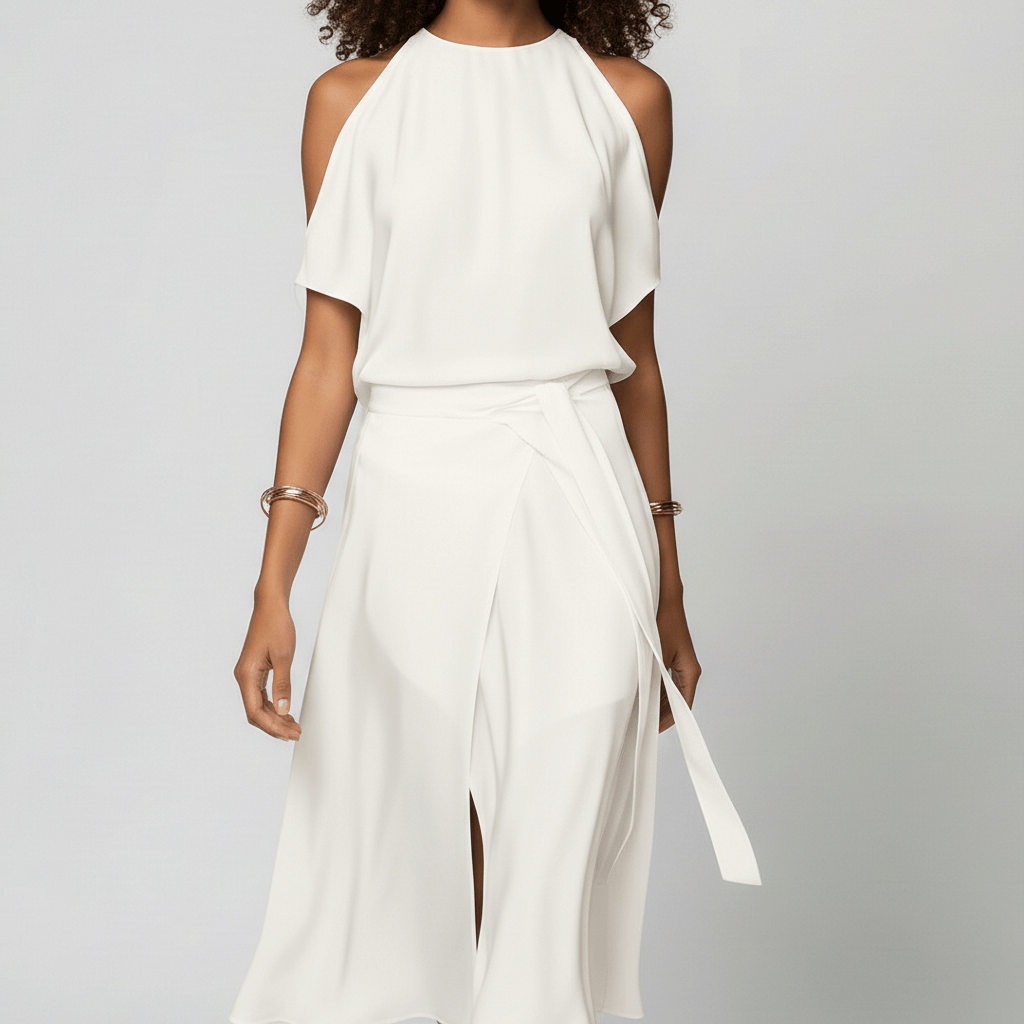 Daisy Midi Dress with Cold Shoulder Cut-Out and Wrap Skirt - Pure White