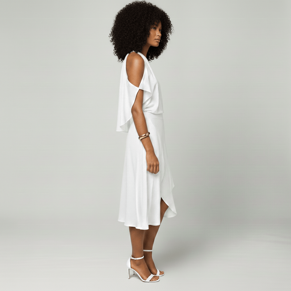 Daisy Midi Dress with Cold Shoulder Cut-Out and Wrap Skirt