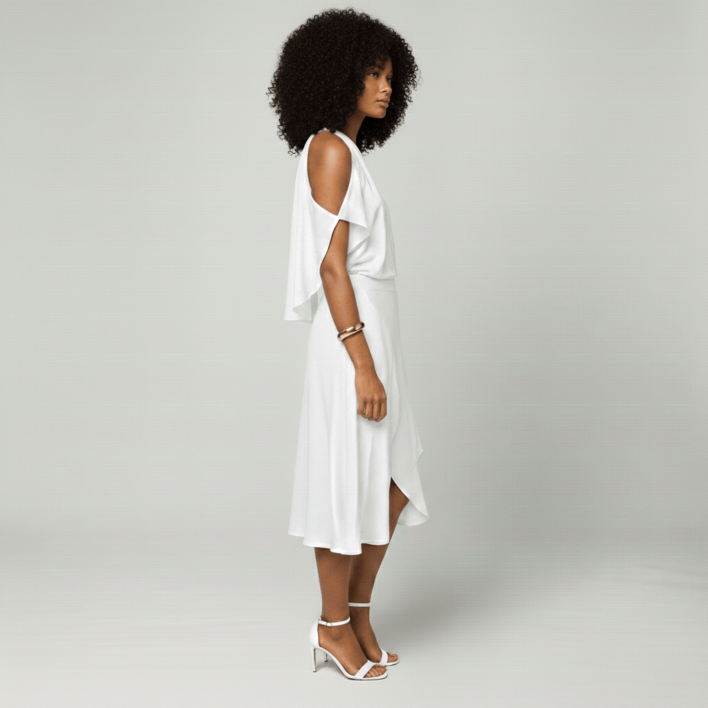 Daisy Midi Dress with Cold Shoulder Cut-Out and Wrap Skirt