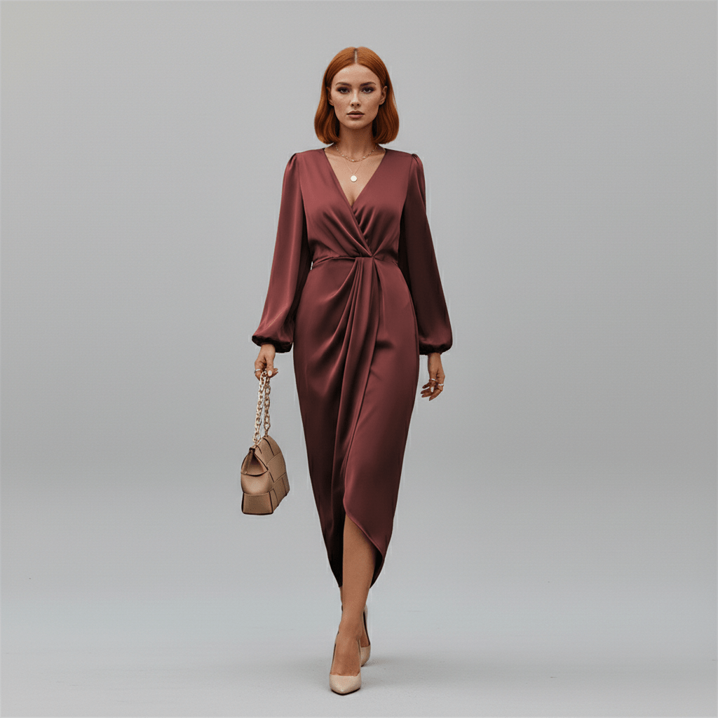 Dana Wine Red Wrap Style Midi Dress with Long Sleeves - Wine Red