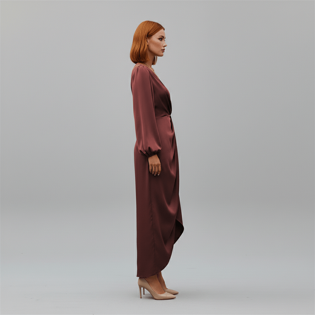 Dana Wine Red Wrap Style Midi Dress with Long Sleeves