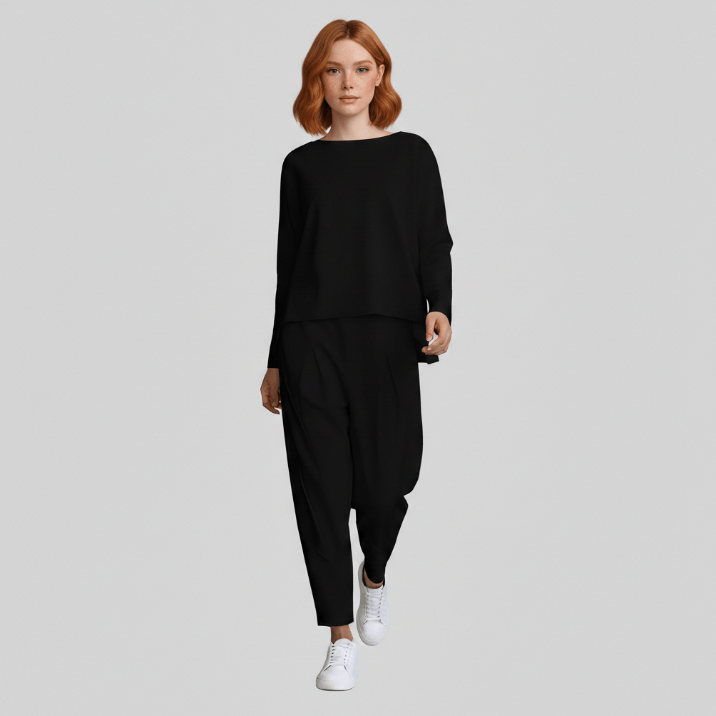 Delphine Two Piece Set with Round Neck Top and Tapered Pants - Jet Black