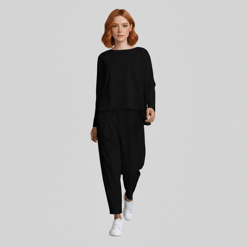 Delphine Two Piece Set with Round Neck Top and Tapered Pants - Jet Black