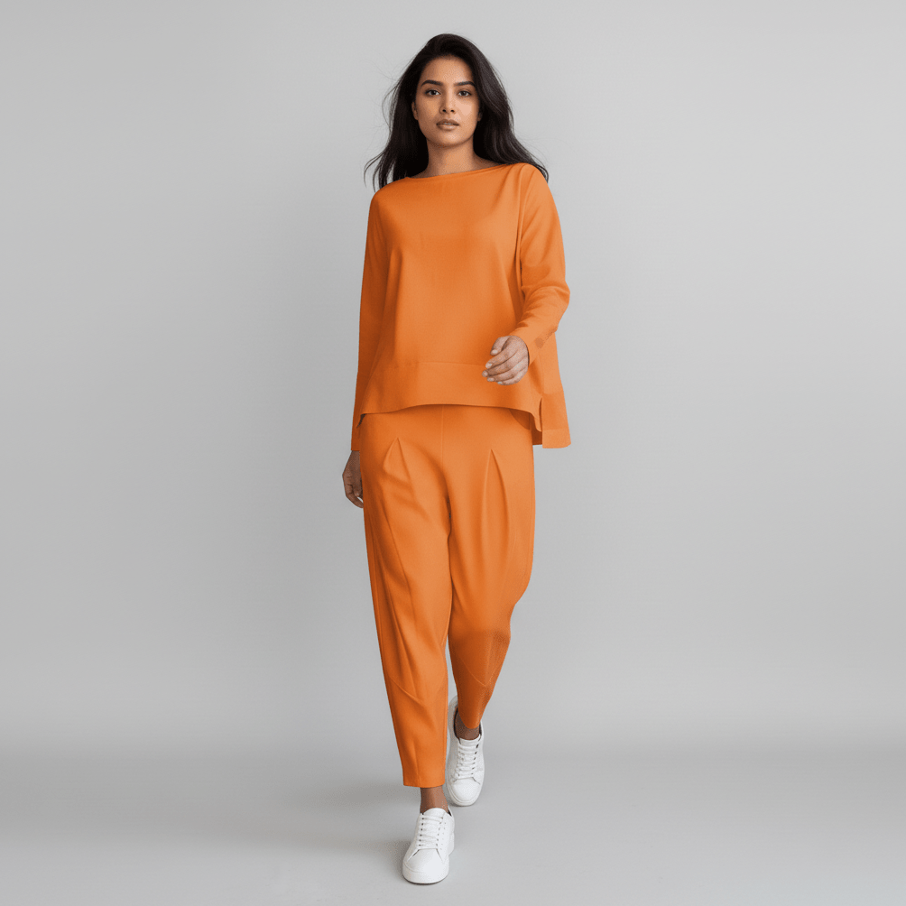Delphine Two Piece Set with Round Neck Top and Tapered Pants - Zesty Orange