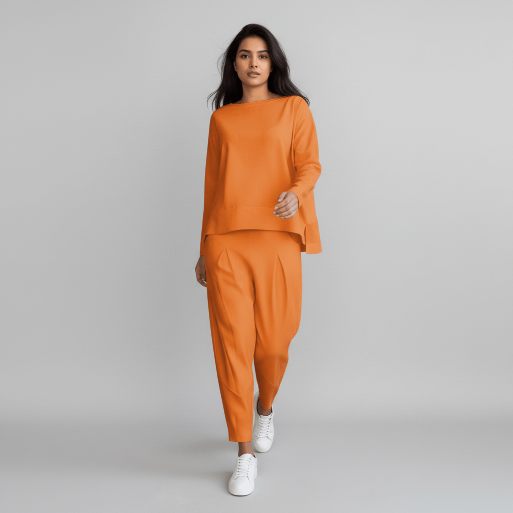 Delphine Two Piece Set with Round Neck Top and Tapered Pants - Zesty Orange