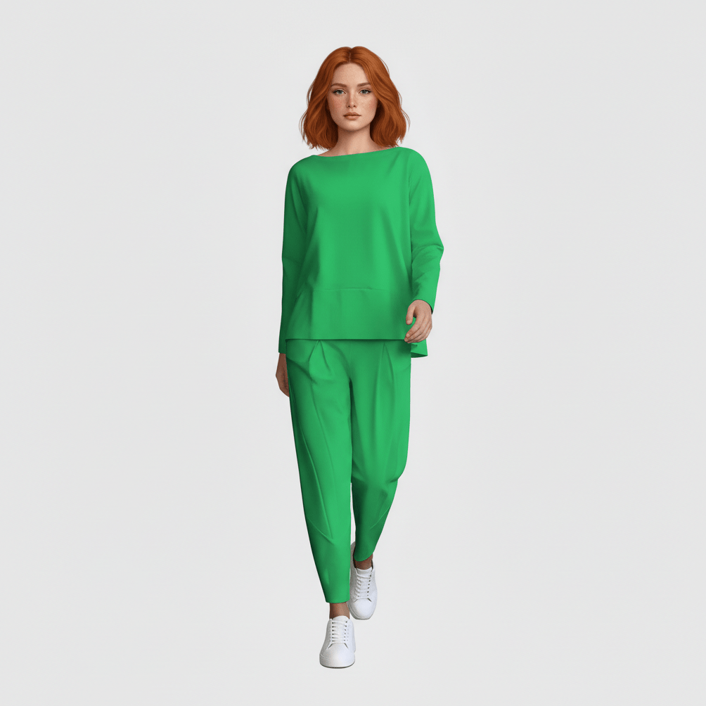 Delphine Two Piece Set with Round Neck Top and Tapered Pants - Emerald Green