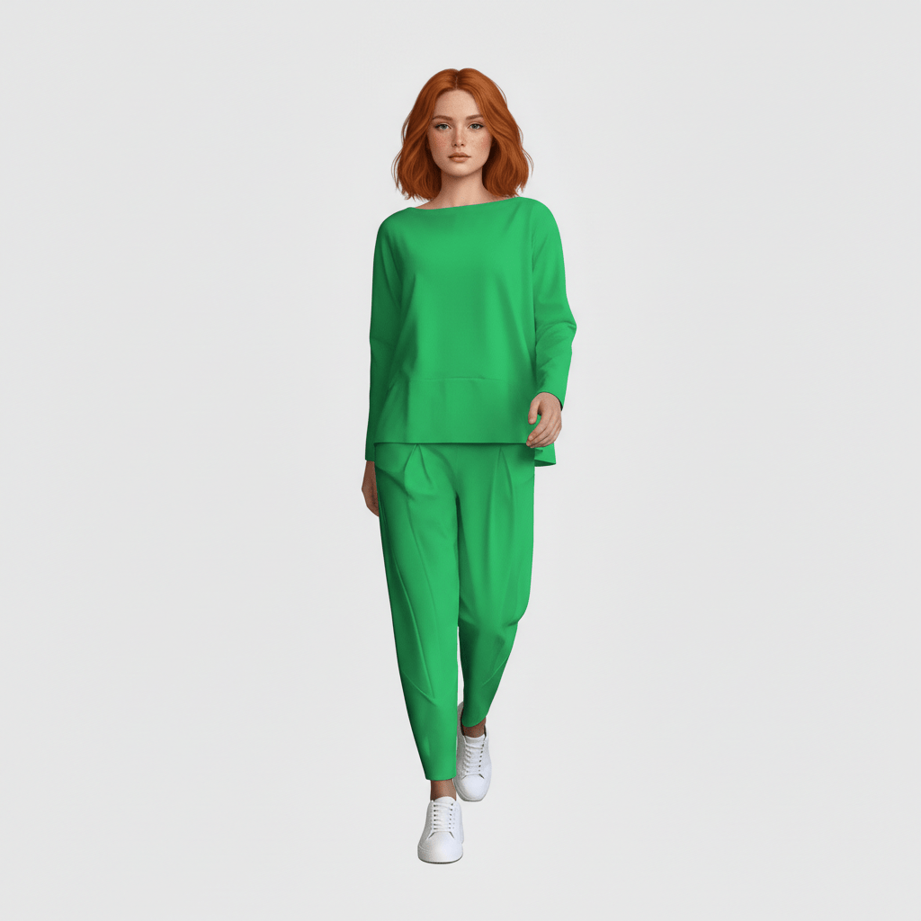 Delphine Two Piece Set with Round Neck Top and Tapered Pants - Emerald Green