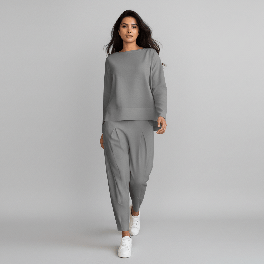 Delphine Two Piece Set with Round Neck Top and Tapered Pants - Ash Gray