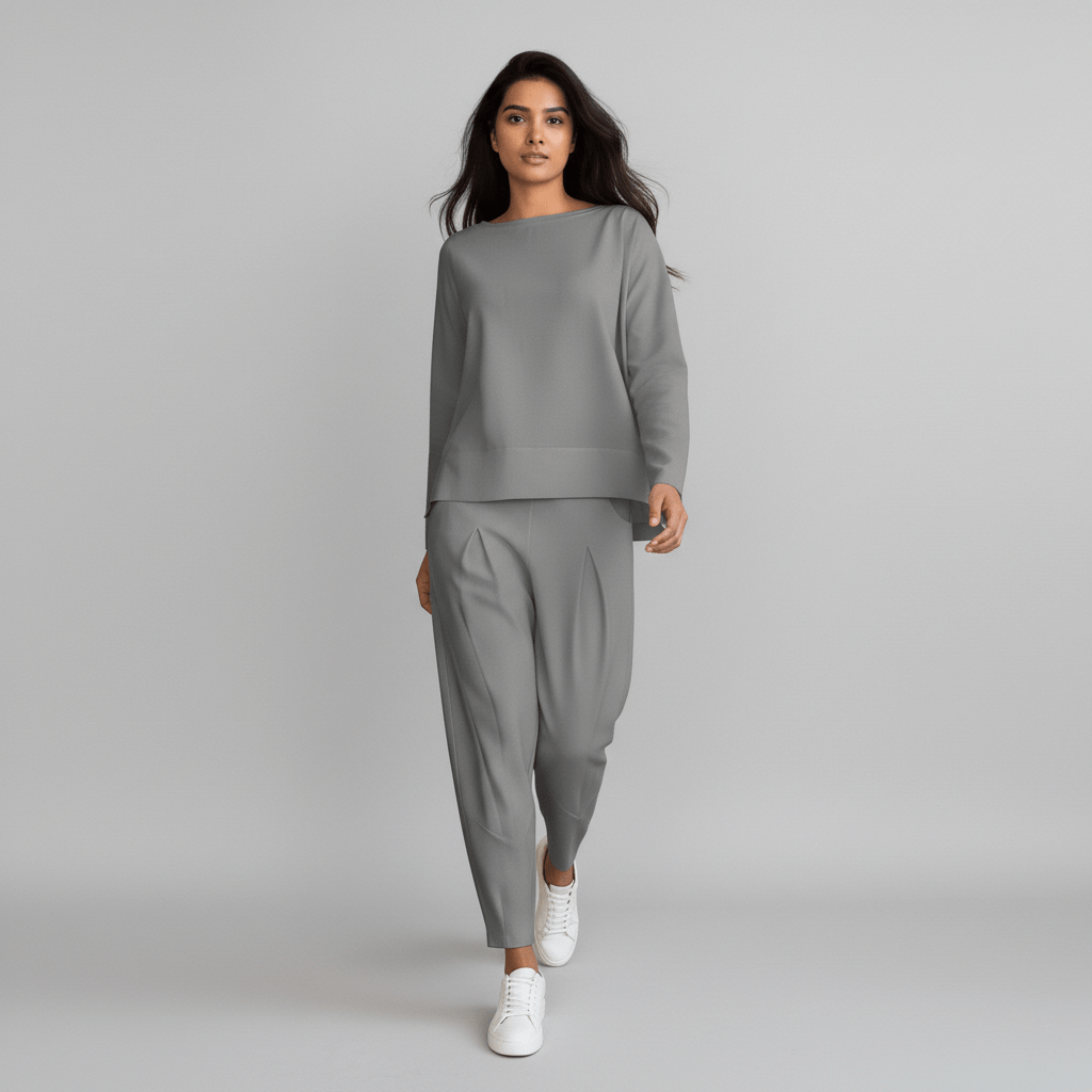 Delphine Two Piece Set with Round Neck Top and Tapered Pants - Ash Gray