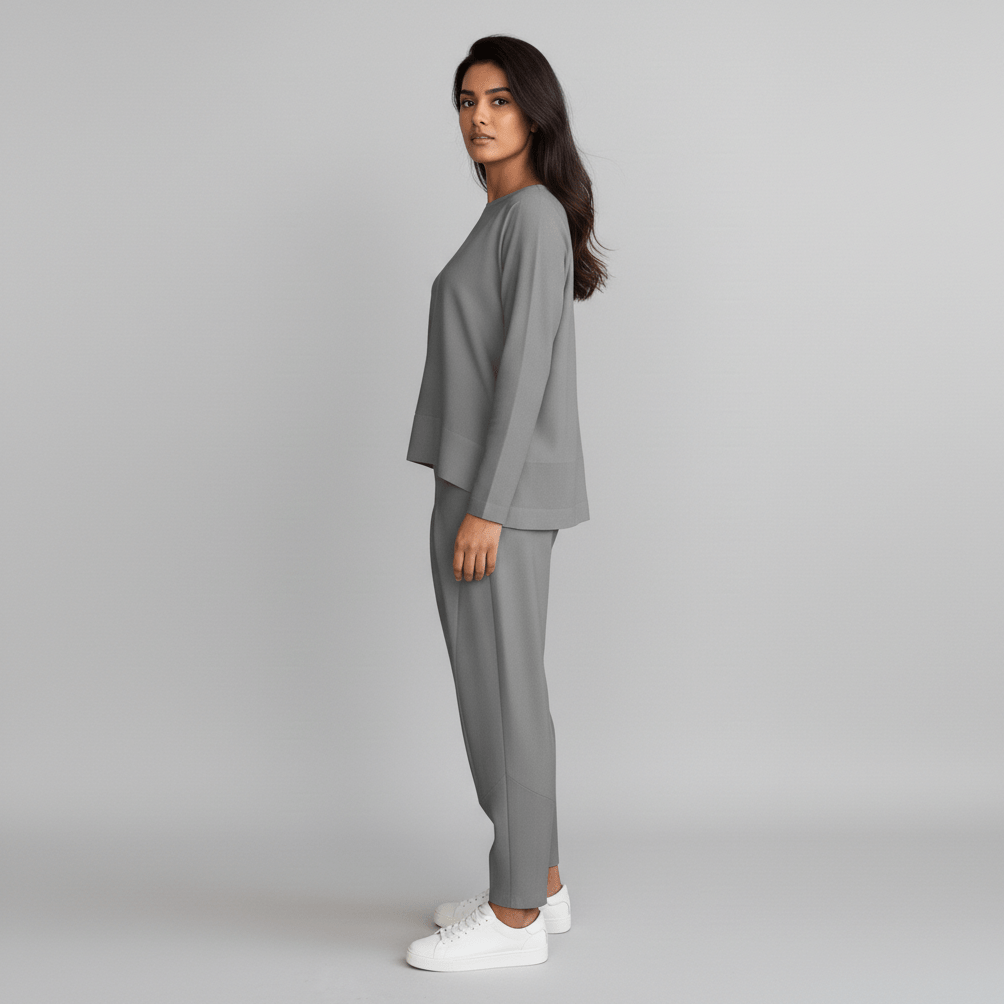 Delphine Two Piece Set with Round Neck Top and Tapered Pants