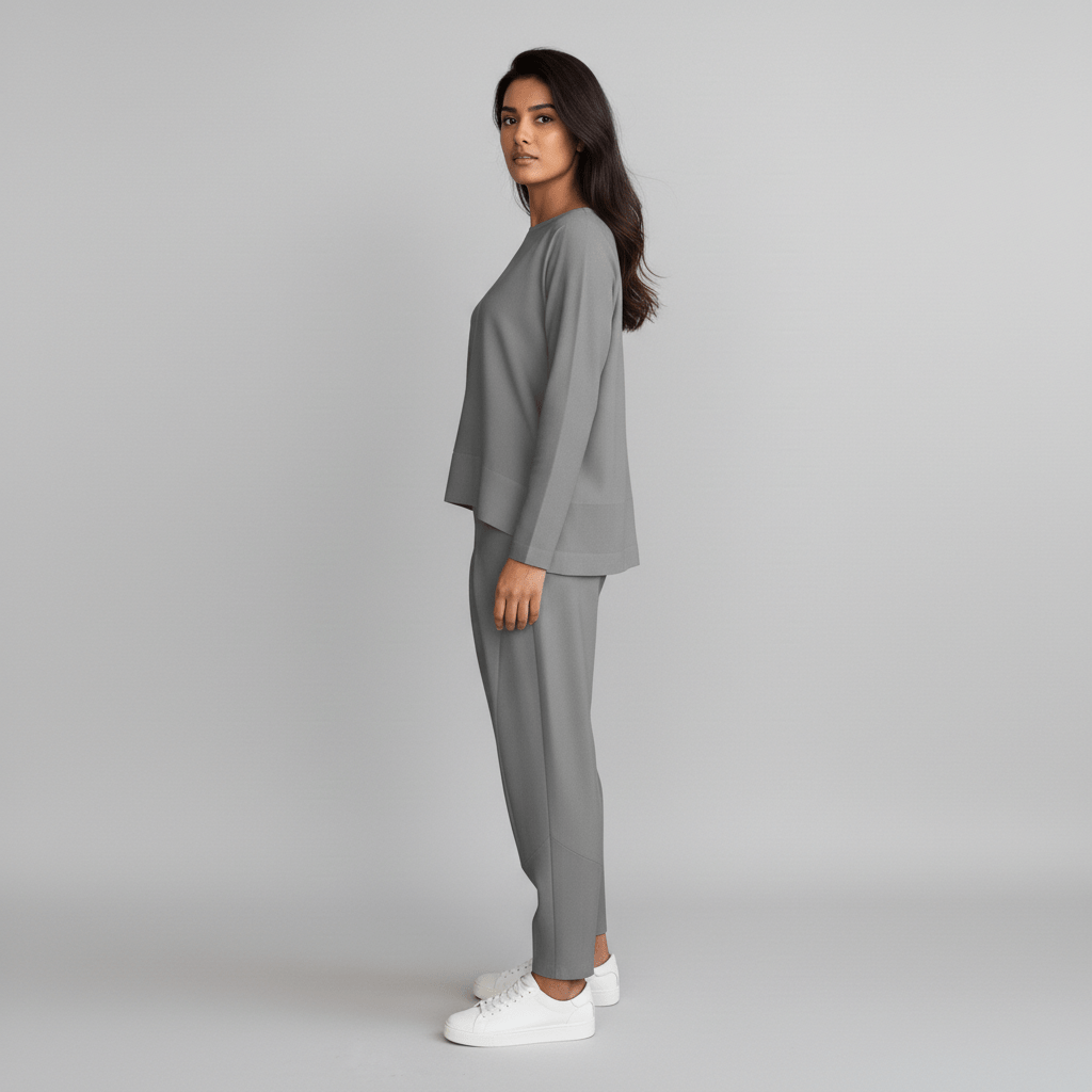 Delphine Two Piece Set with Round Neck Top and Tapered Pants