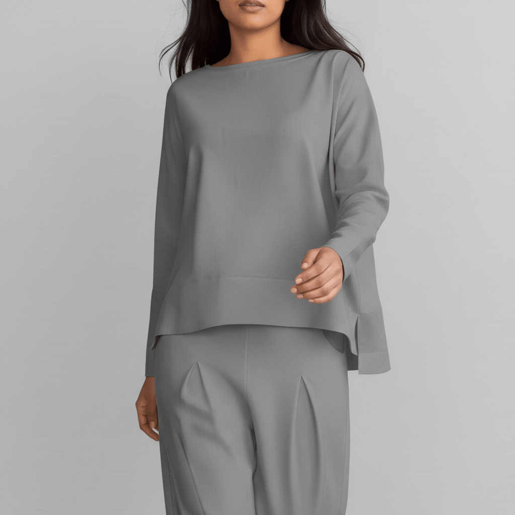 Delphine Two Piece Set with Round Neck Top and Tapered Pants