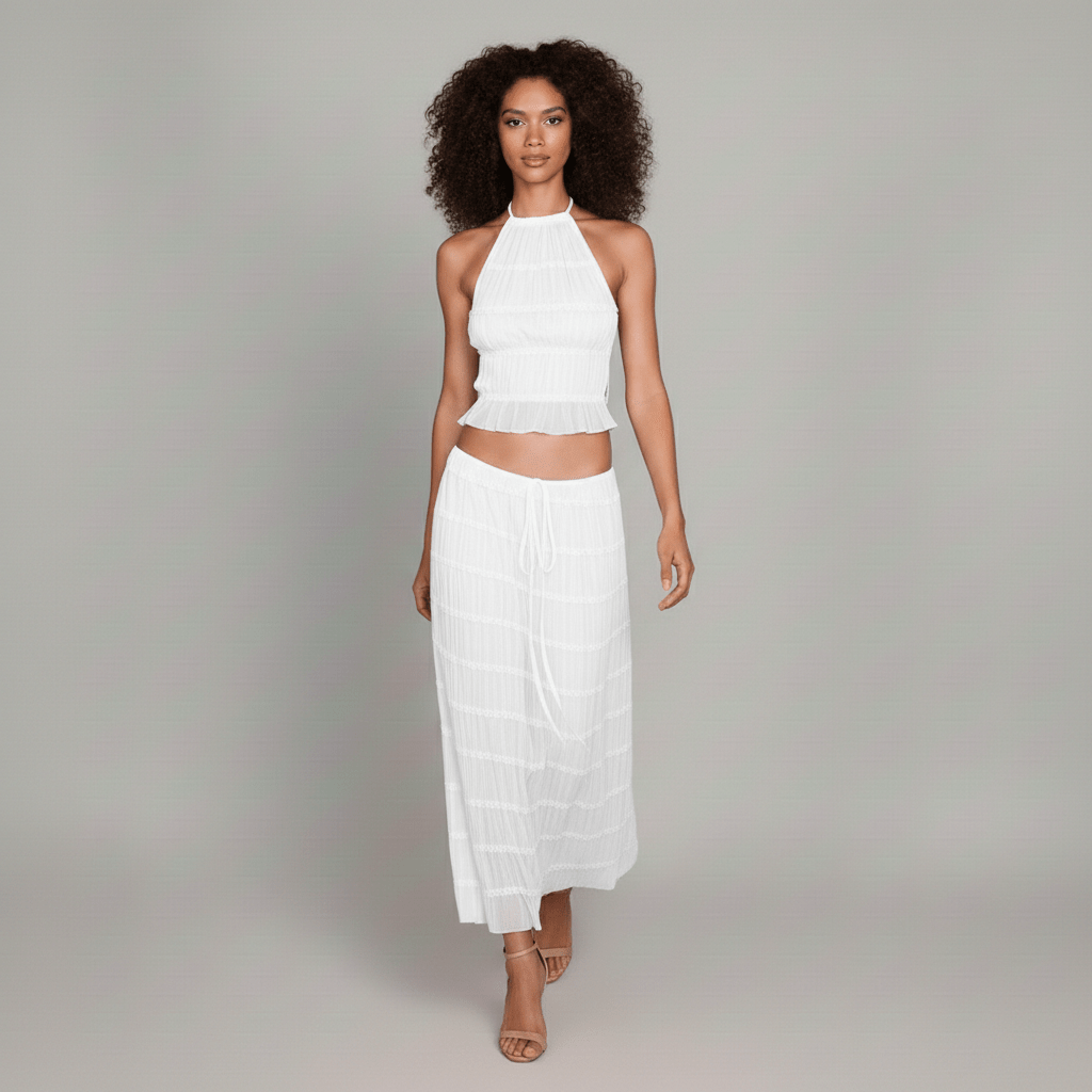Edeline Halter Neck Two Piece Set with Crop Top and Maxi Skirt - Pearl White