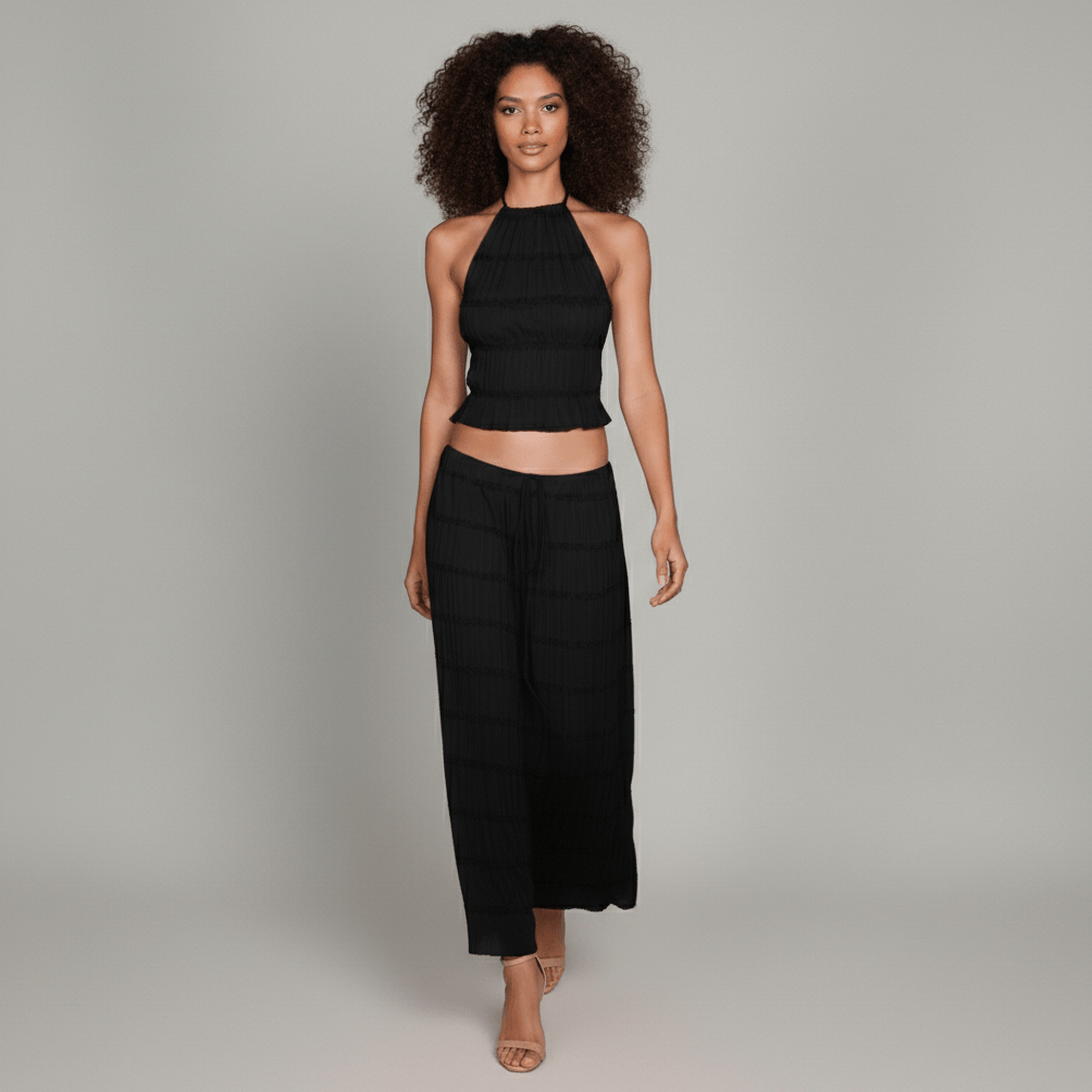 Edeline Halter Neck Two Piece Set with Crop Top and Maxi Skirt - Midnight Black
