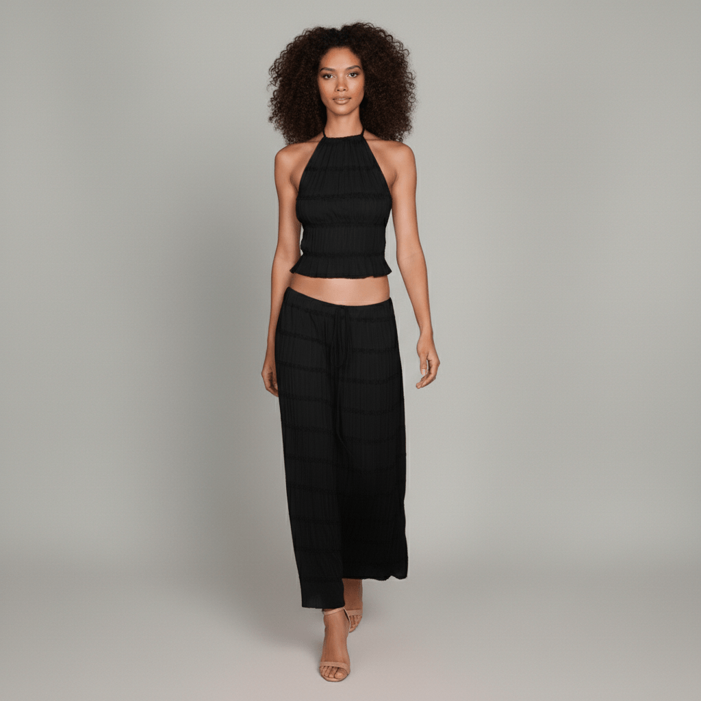 Edeline Halter Neck Two Piece Set with Crop Top and Maxi Skirt - Midnight Black
