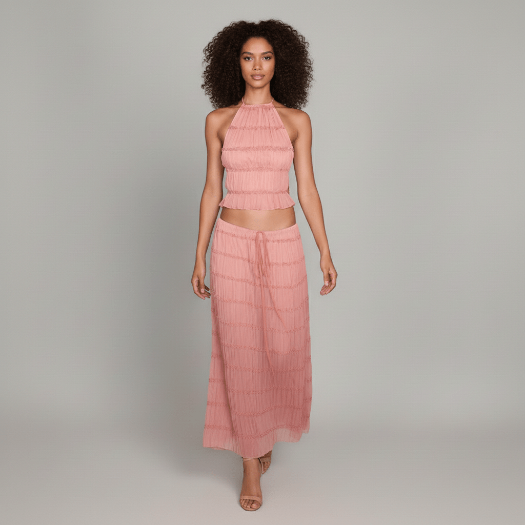 Edeline Halter Neck Two Piece Set with Crop Top and Maxi Skirt - Dusty Pink