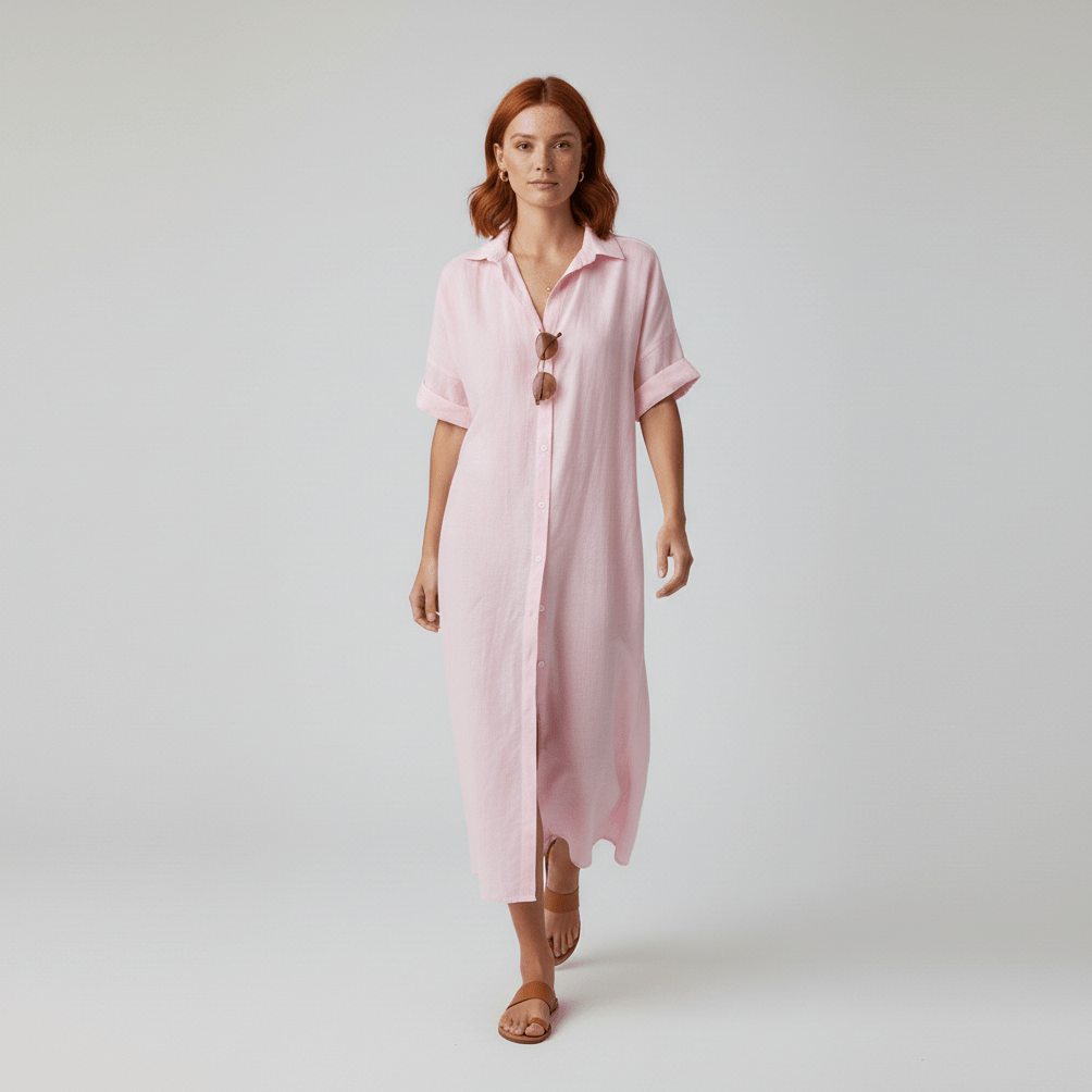 Elin Button Down Shirt Maxi Dress for Women with Short Sleeves - Blush Pink