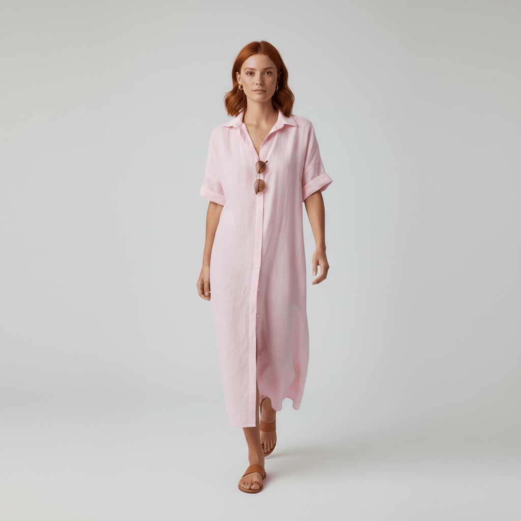 Elin Button Down Shirt Maxi Dress for Women with Short Sleeves - Blush Pink
