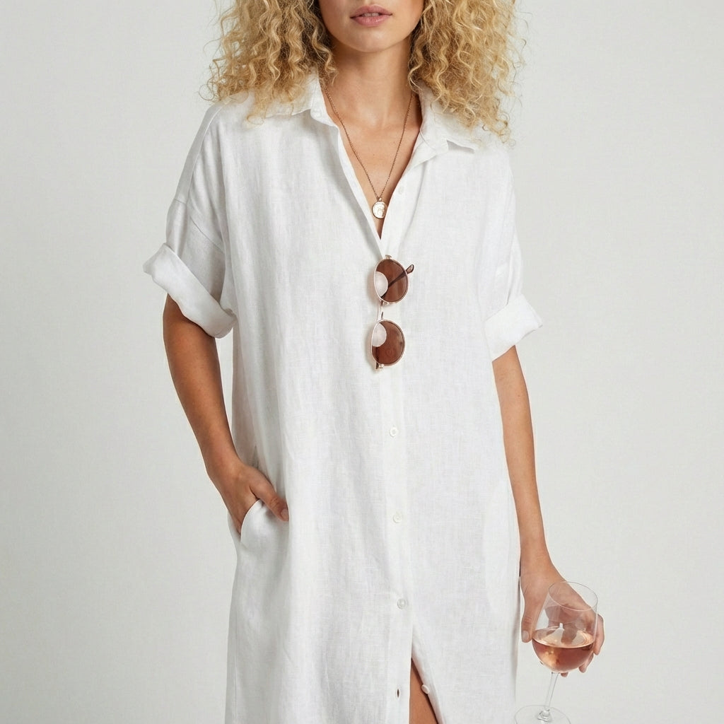 Elin Button Down Shirt Maxi Dress for Women with Short Sleeves